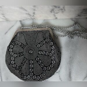 Black Clutch with Metal Accents and Silver Chain VTG